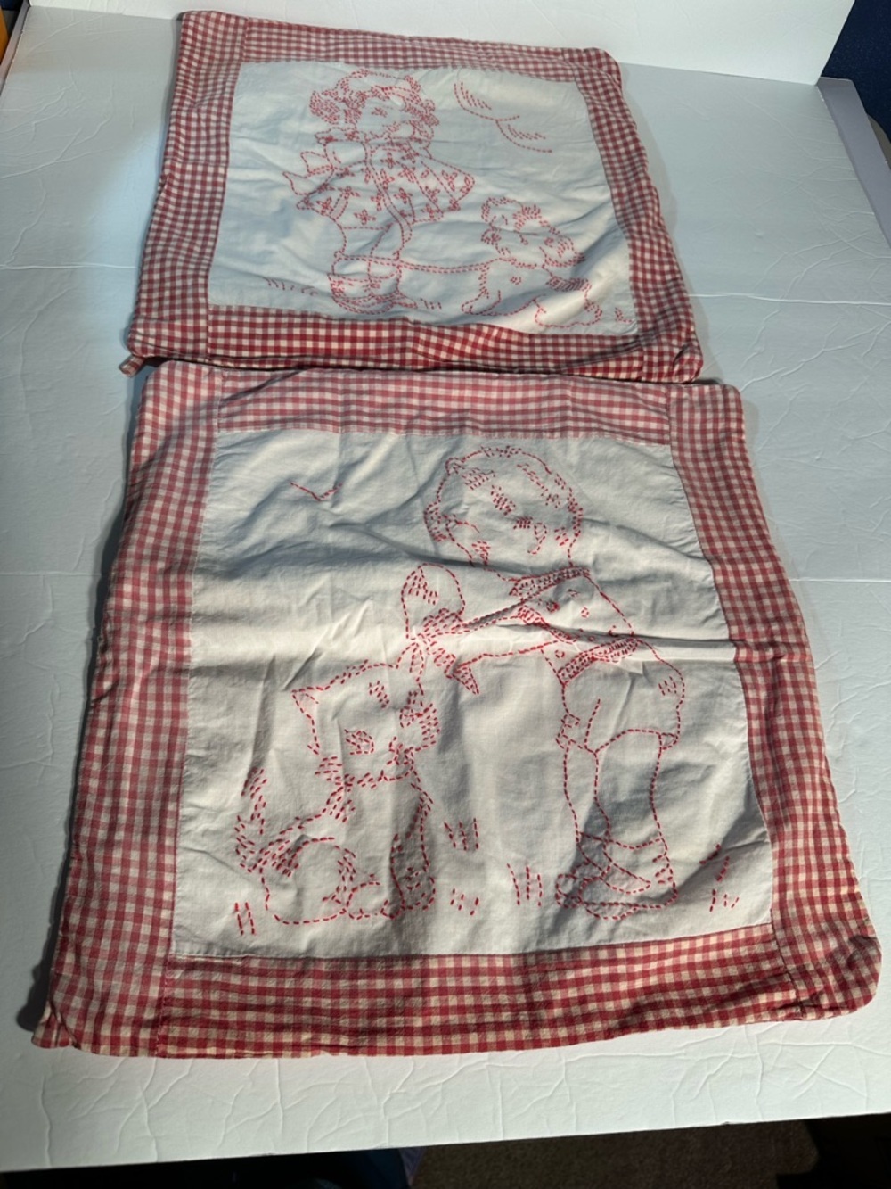 Vtg Redwork Embroidered Pillow Cases Red/White Checkered Gingham Border Girl Boy